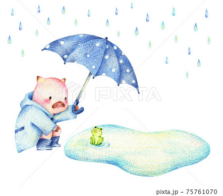 雨の中カエルに傘を差し出すぶた 手描き色鉛筆のイラスト素材