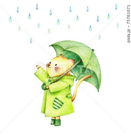 雨の中傘をさしたねこ 手描き色鉛筆のイラスト素材