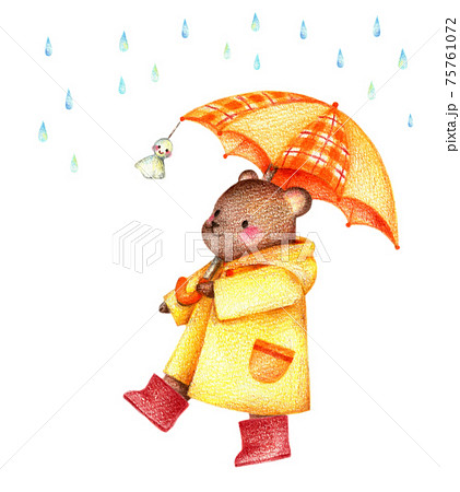 雨の中傘をさして歩くクマ　手描き色鉛筆 75761072