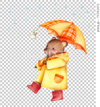 雨の中傘をさして歩くクマ　手描き色鉛筆 75761072