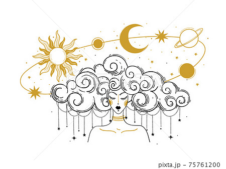 Mystical boho illustration. Woman with flying planets, sun and moon, concept of astrology, prediction, destiny. Meditating girl, soul rebirth or Chinese horoscope. Mystical boho illustration. Woman with flying planets, sun and moon, concept of astrology, prediction, destiny. Meditating girl, soul rebirth or Chinese horoscope. 75761200