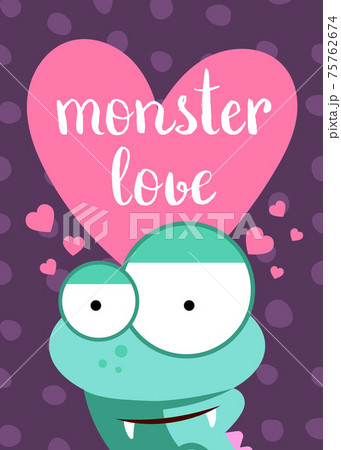 Valentines Day card with heart, cute monster and lettering on circles background Valentines Day card with heart, cute monster and lettering on circles background 75762674