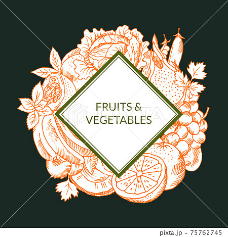 doodle sketched fruits and vegetables vegan, healthy food emblem isolated on colored background doodle sketched fruits and vegetables vegan, healthy food emblem isolated on colored background 75762745