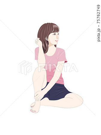 膝を立てて床に座る女性イラストのイラスト素材