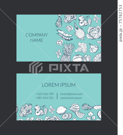 doodle handdrawn fruits and vegetables organic farm, vegan, healthy food business card template 75762753