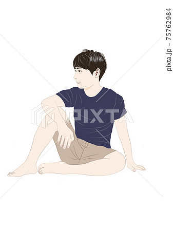 膝を立てて床に座る男性イラストのイラスト素材
