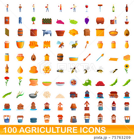 100 agriculture icons set, cartoon style 75763209