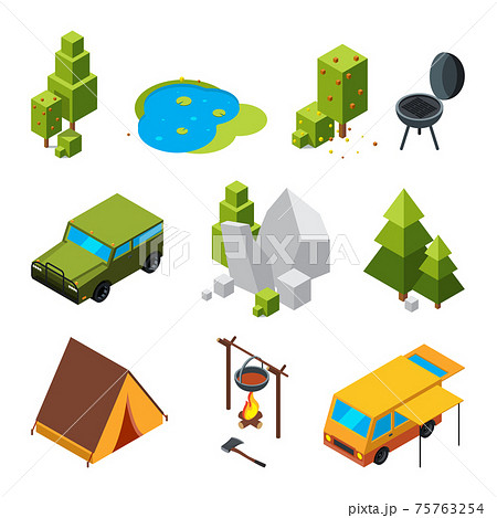 Isometric pictures of camping. Garden, stones and rocks, tent. 3d pictures 75763254