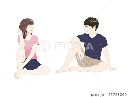 膝を立てて床に座る男女イラストのイラスト素材