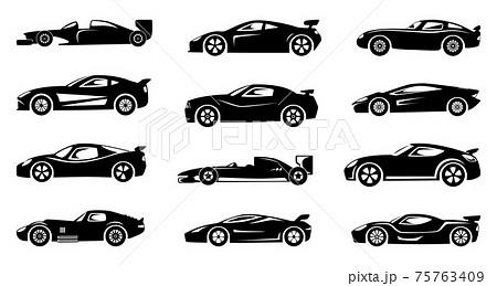 Black silhouette of race cars. Sports symbols isolated Black silhouette of race cars. Sports symbols isolated 75763409