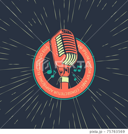 Karaoke music club, bar, audio record studio logo with microphone on vintage 75763569