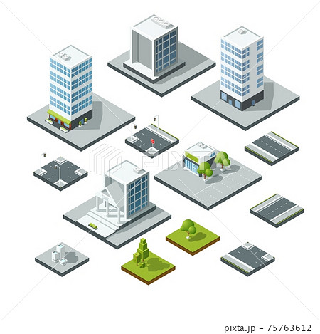Set of isometric city landscape design elements. 3D constructor Set of isometric city landscape design elements. 3D constructor 75763612
