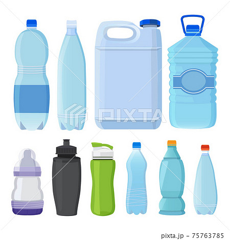 Glass and plastic bottles of different types for alcohol and water 75763785