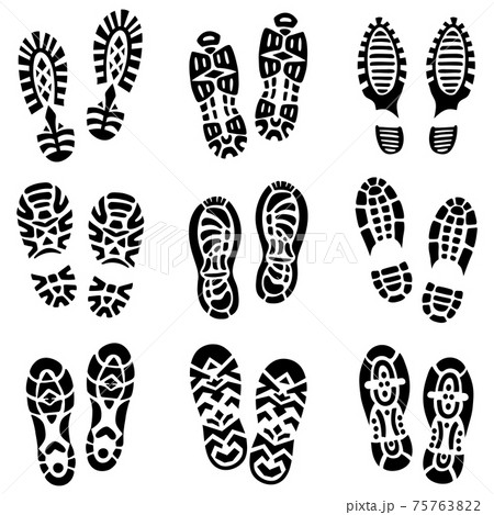 Different types of footprint. Monochrome illustrations Different types of footprint. Monochrome illustrations 75763822