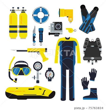 Diver and set elements for underwater sport. Illustrations of diving in flat style Diver and set elements for underwater sport. Illustrations of diving in flat style 75763834