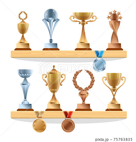 Trophy collections on the shelf. Golden, bronze and silver medals and cups. awards set Trophy collections on the shelf. Golden, bronze and silver medals and cups. awards set 75763835
