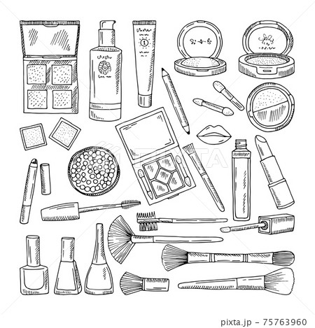 Doodle illustrations of woman cosmetics. Makeup tools for beautiful women 75763960