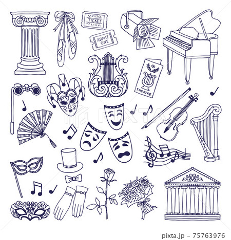 Theatre illustrations set. Opera and ballet symbols isolate on white 75763976