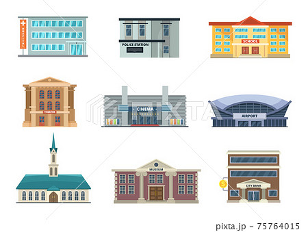 Different municipal buildings. Police station, school, hospital. Bank, business center and others. pictures in cartoon style Different municipal buildings. Police station, school, hospital. Bank, business center and others. pictures in cartoon style 75764015