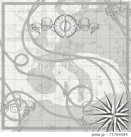 Antique nautical world map on parchment. Compass, ribbons and wind rose illustrations of marine symbols 75764084