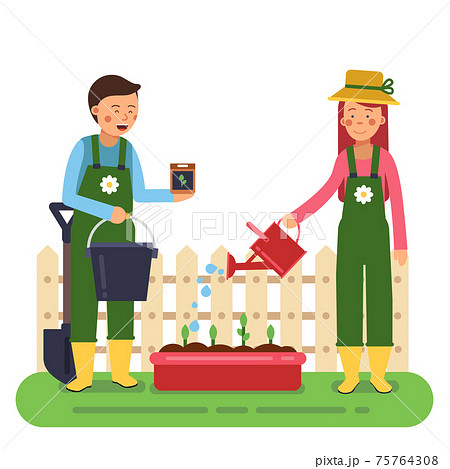 Woman and man working in garden. Different tools for farming and gardening. characters in flat style Woman and man working in garden. Different tools for farming and gardening. characters in flat style 75764308