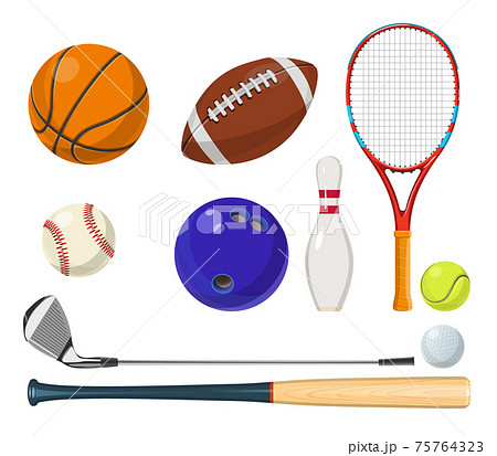 sports equipment in cartoon style. Balls, rackets, golf sticks and other illustrations 75764323