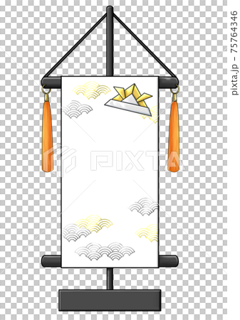 金色の折り紙で作った兜がついた白い名前旗	 75764346