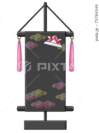 赤色の折り紙で作った兜がついた黒い名前旗	 75764349