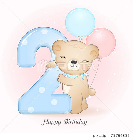 Cute little Bear birthday party with number, greeting card illustration 75764352