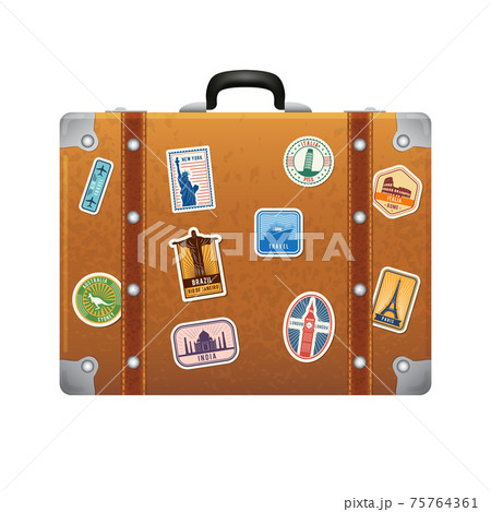 Travel stickers on retro leather suitcase. labels set 75764361
