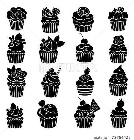 Big Monochrome Set Of Different Cupcakes And のイラスト素材