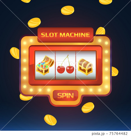 Armed bandit, game machine in casino with different isolated pictures. Open and closed chest with treasures and cherry 75764482