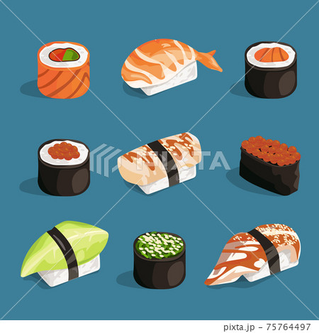 Set of classical asian food. White rice, sushi, salmon nori and different rolls. pictures in cartoon style 75764497