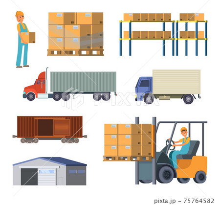 Warehouse and logistics processes. Worker with packages. Different specific cars Warehouse and logistics processes. Worker with packages. Different specific cars 75764582