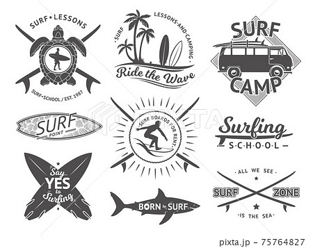 elements for labels or badges. Surfing, hawaii surfboard and sea. Monochrome illustration set elements for labels or badges. Surfing, hawaii surfboard and sea. Monochrome illustration set 75764827