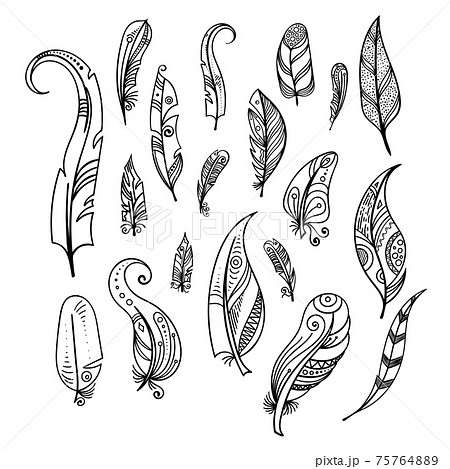Bird feathers. Hand drawing indian elements set isolate on white. Boho style Bird feathers. Hand drawing indian elements set isolate on white. Boho style 75764889