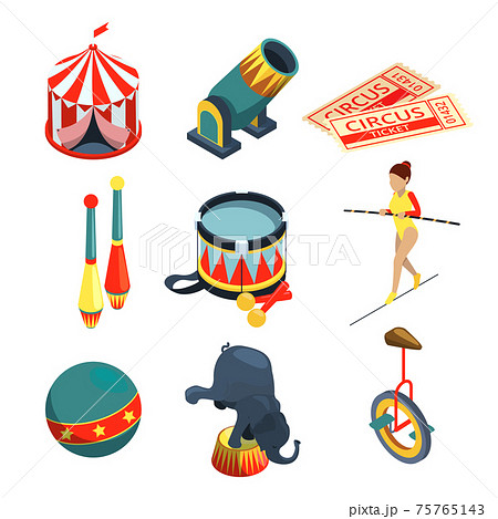 Funny circus illustrations in cartoon style. Lion trainer, clowns juggling balls. pictures set Funny circus illustrations in cartoon style. Lion trainer, clowns juggling balls. pictures set 75765143