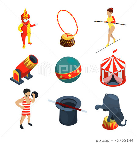 Circus icon set. People, animals, magician show clowns and other illustration in cartoon style 75765144