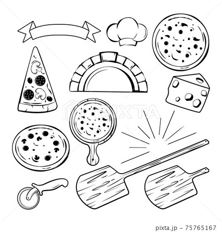 Different monochrome elements for pizza banners, labels or logos design. illustration 75765167