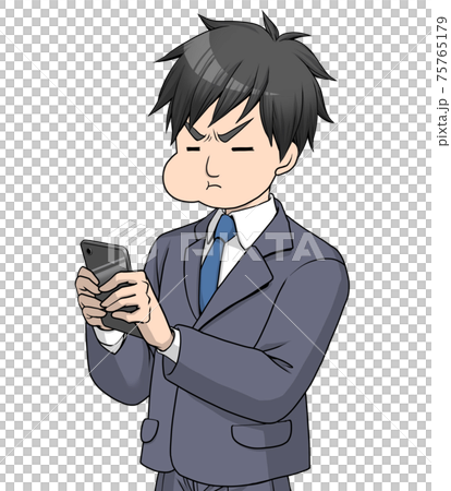 黒いスマートフォンを見るスーツを着た怒り顔の男性	 75765179