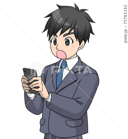 驚いた顔で黒いスマートフォンを見るスーツの男性 のイラスト素材