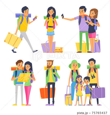 Tourist group of happy people goes to vacation. Couple or family with kids in traveling. illustration 75765437
