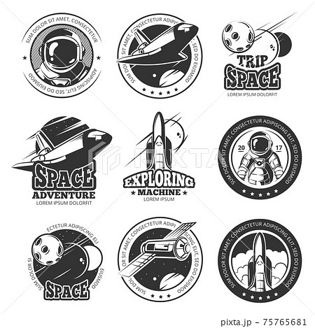 Vintage space, astronautics, shuttle flight labels, logos, badges, emblems 75765681