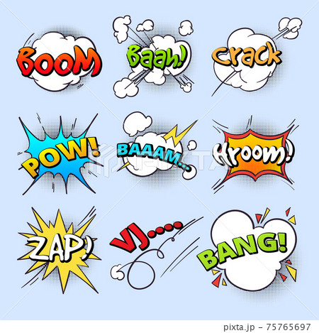 Cartoon speech bubbles, explode bang sound with comic text elements collection Cartoon speech bubbles, explode bang sound with comic text elements collection 75765697