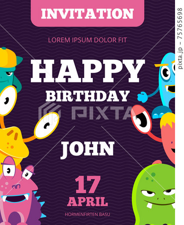 Children happy birthday invitation card with playful funny laughing monsters 75765698