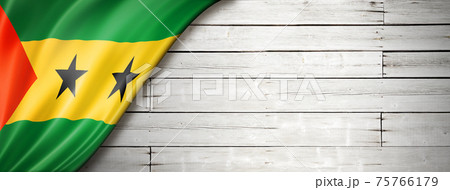 Sao Tome and Principe flag on old white wall banner 75766179