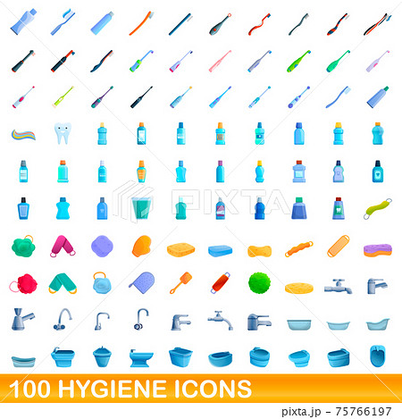 100 hygiene icons set, cartoon style 75766197
