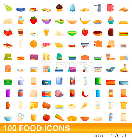 100 Food Icons Set Cartoon Styleのイラスト素材