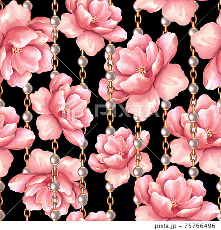 Seamless pattern, pink flowers and gold chains. Floral pattern, watercolor style 75766496