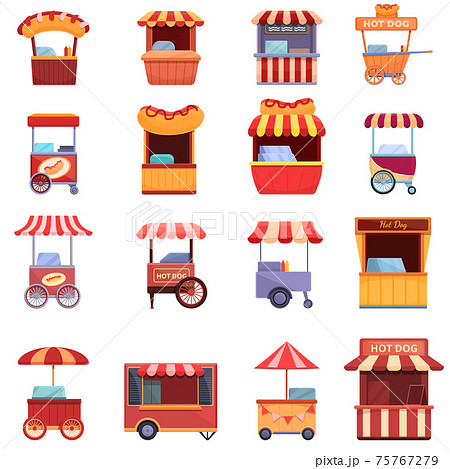 Hot dog cart icons set, cartoon style Hot dog cart icons set, cartoon style 75767279